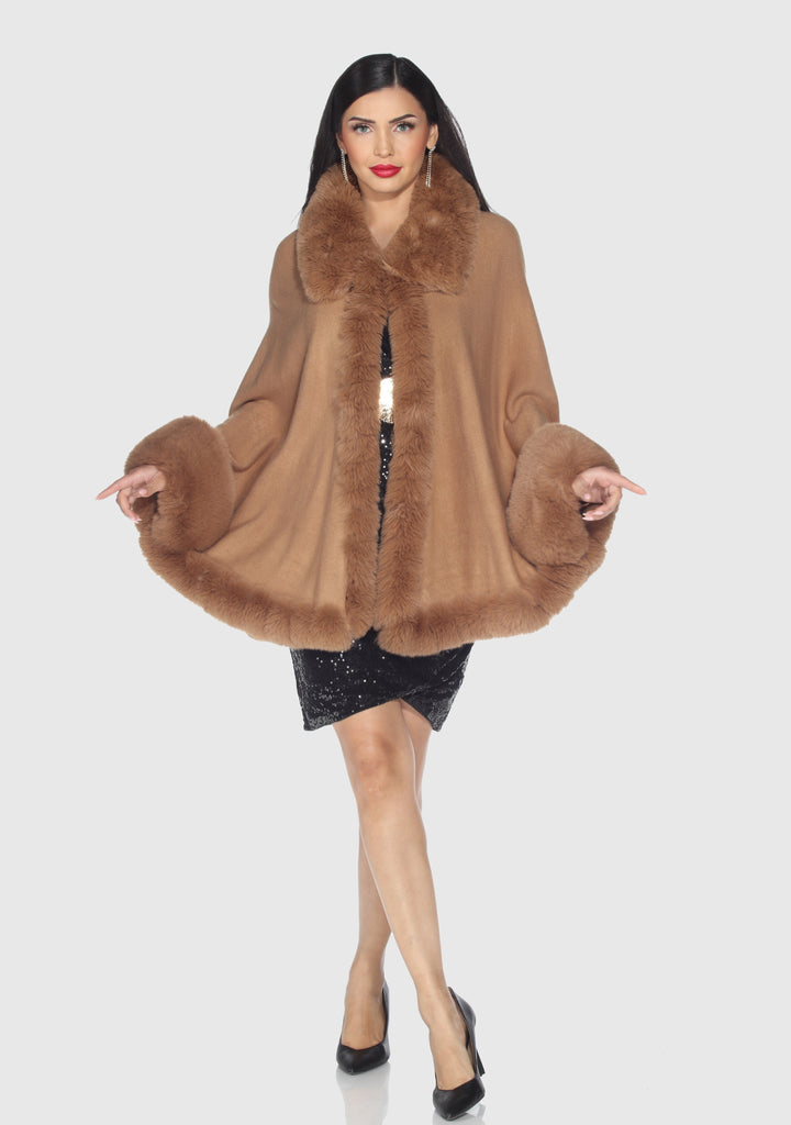 Faux Fur Trim Wool Poncho Cape
