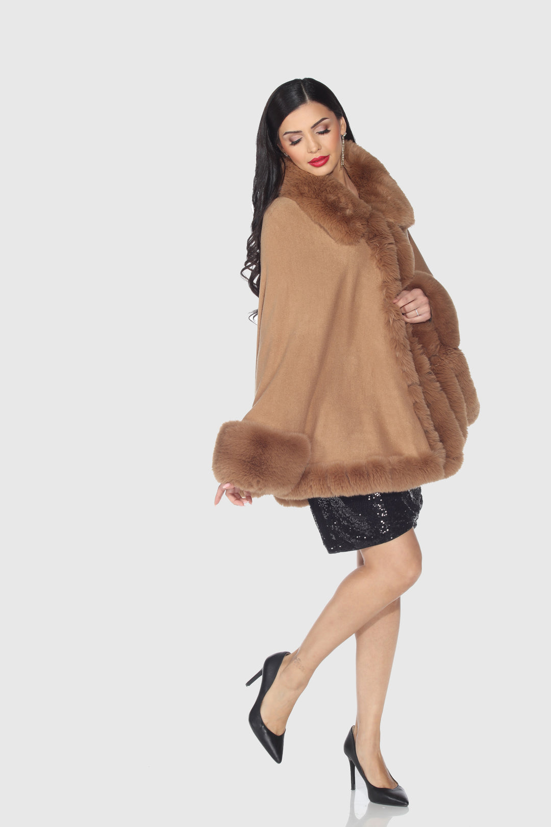 Faux Fur Trim Wool Poncho Cape