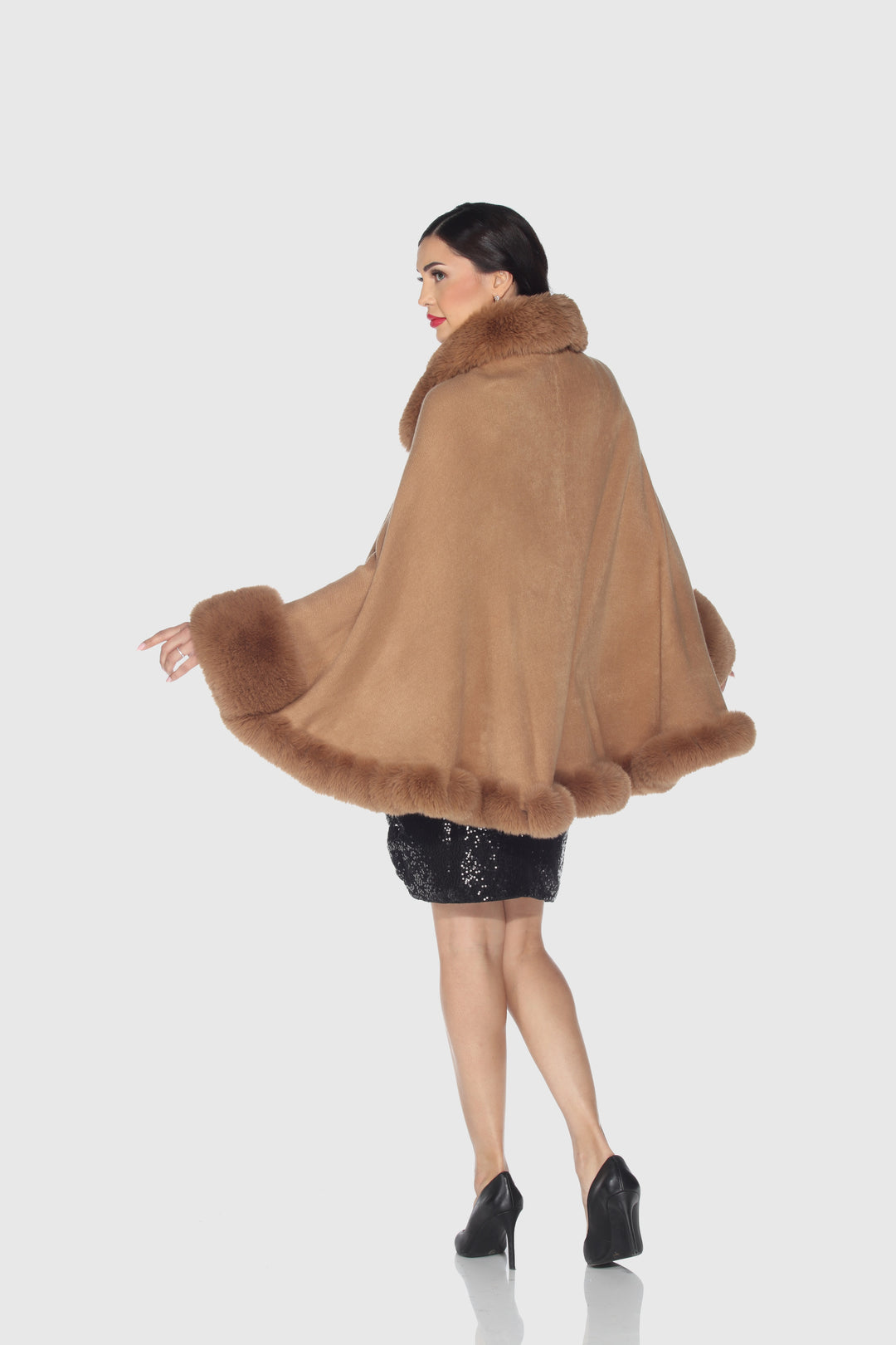 Faux Fur Trim Wool Poncho Cape