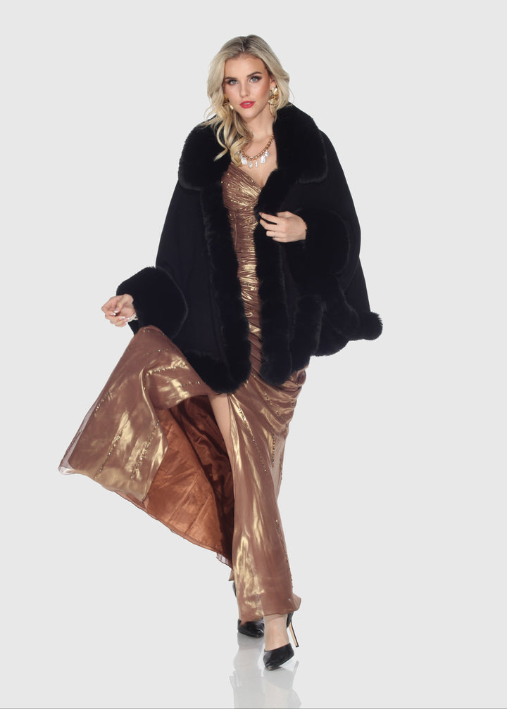 Faux Fur Trim Wool Poncho Cape