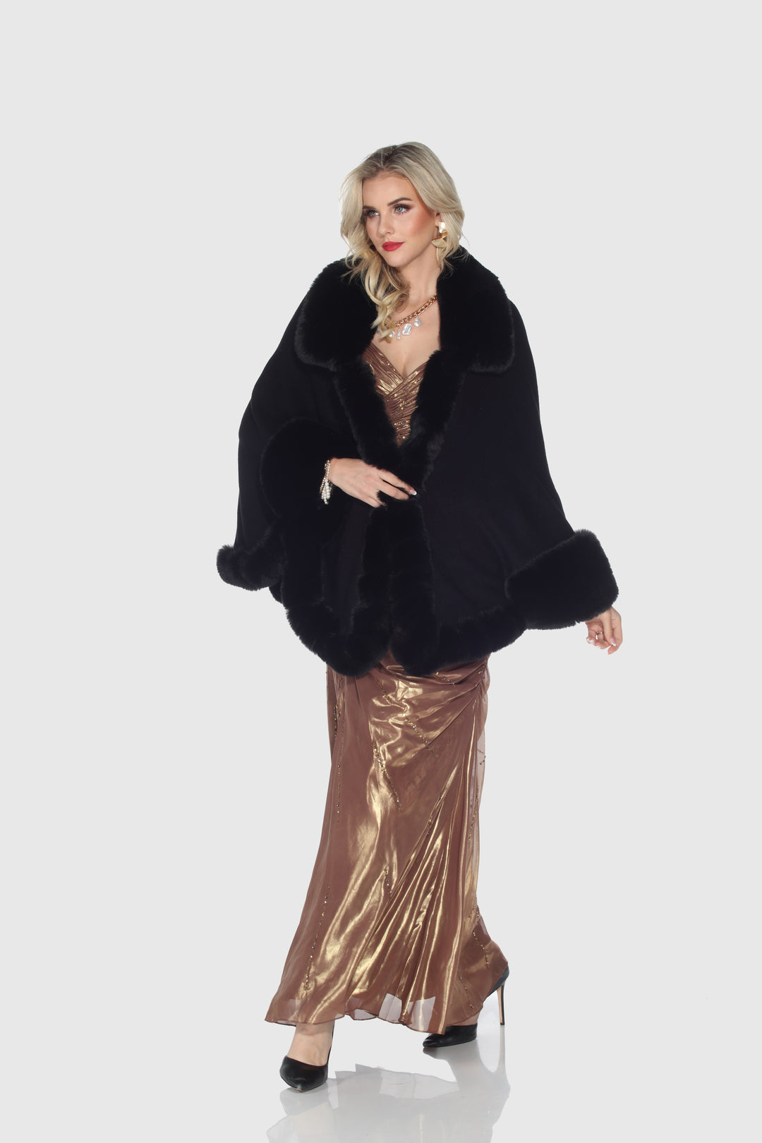 Faux Fur Trim Wool Poncho Cape
