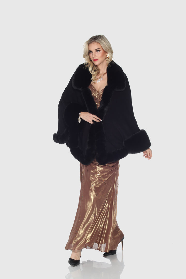 Faux Fur Trim Wool Poncho Cape