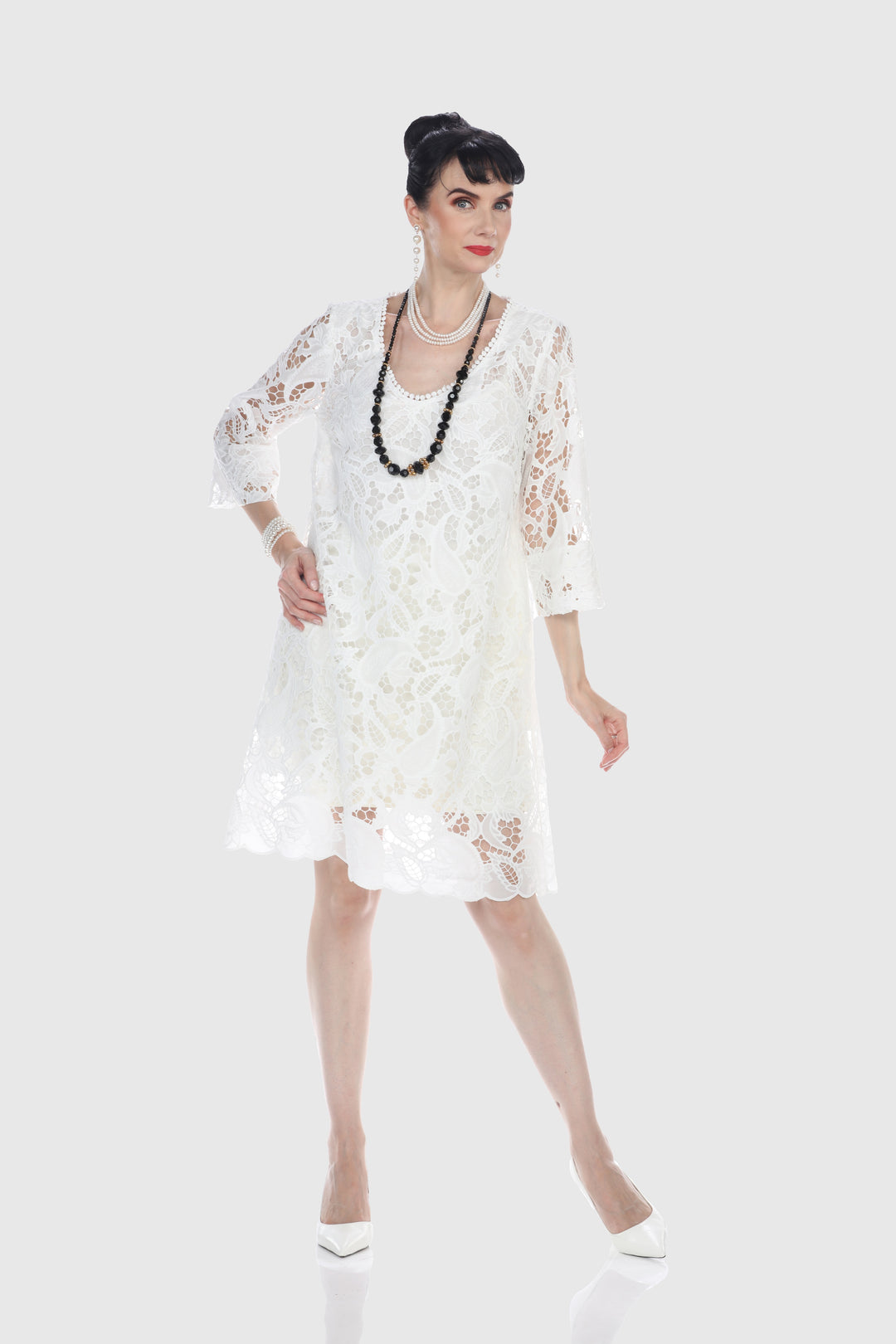 White Scalloped Lace Shift Dress
