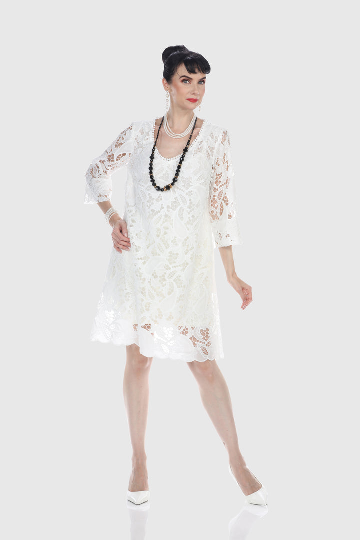 White Scalloped Lace Shift Dress