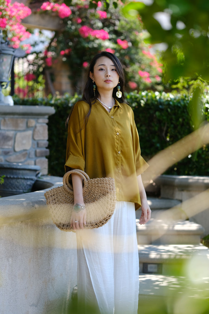 Button‑Front Satin Blouse