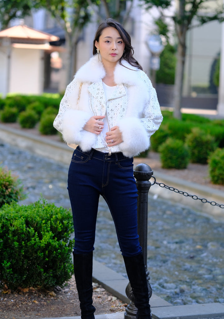 Sequin Faux Fur Moto Jacket