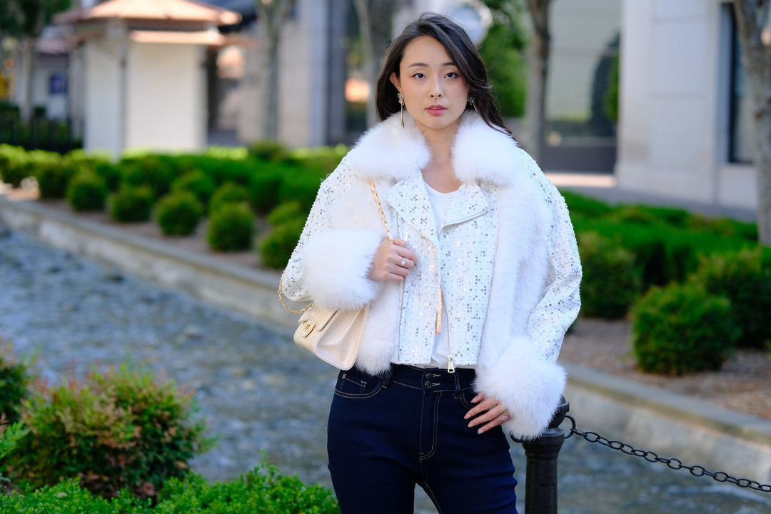Sequin Faux Fur Moto Jacket