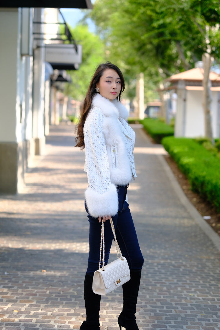 Sequin Faux Fur Moto Jacket
