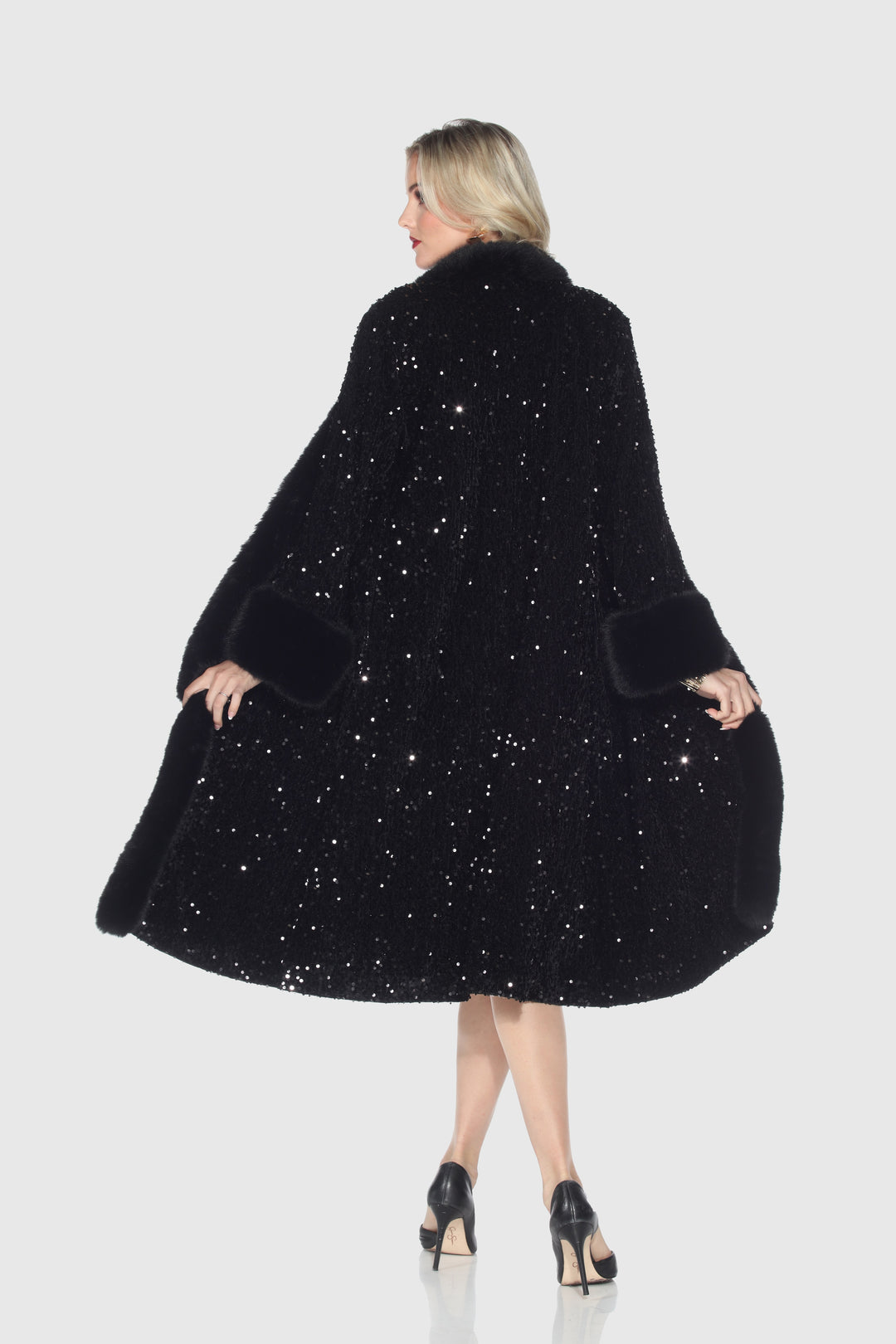 Black Sequin Long Coat with Faux Fur