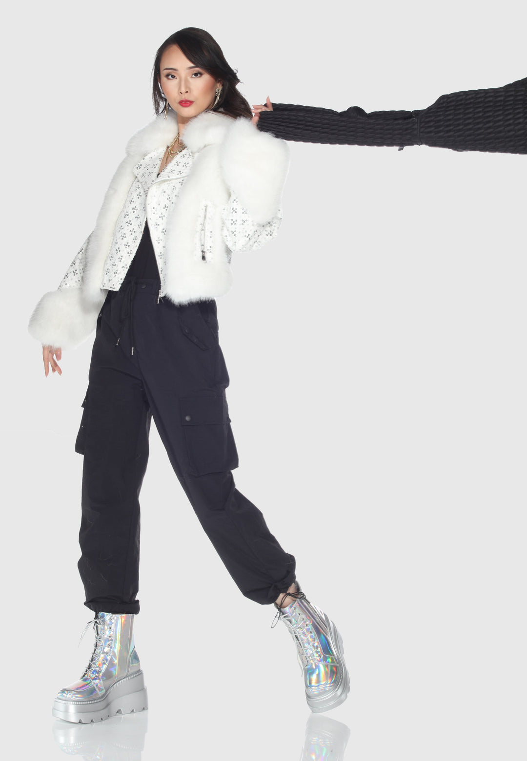 Sequin Faux Fur Moto Jacket