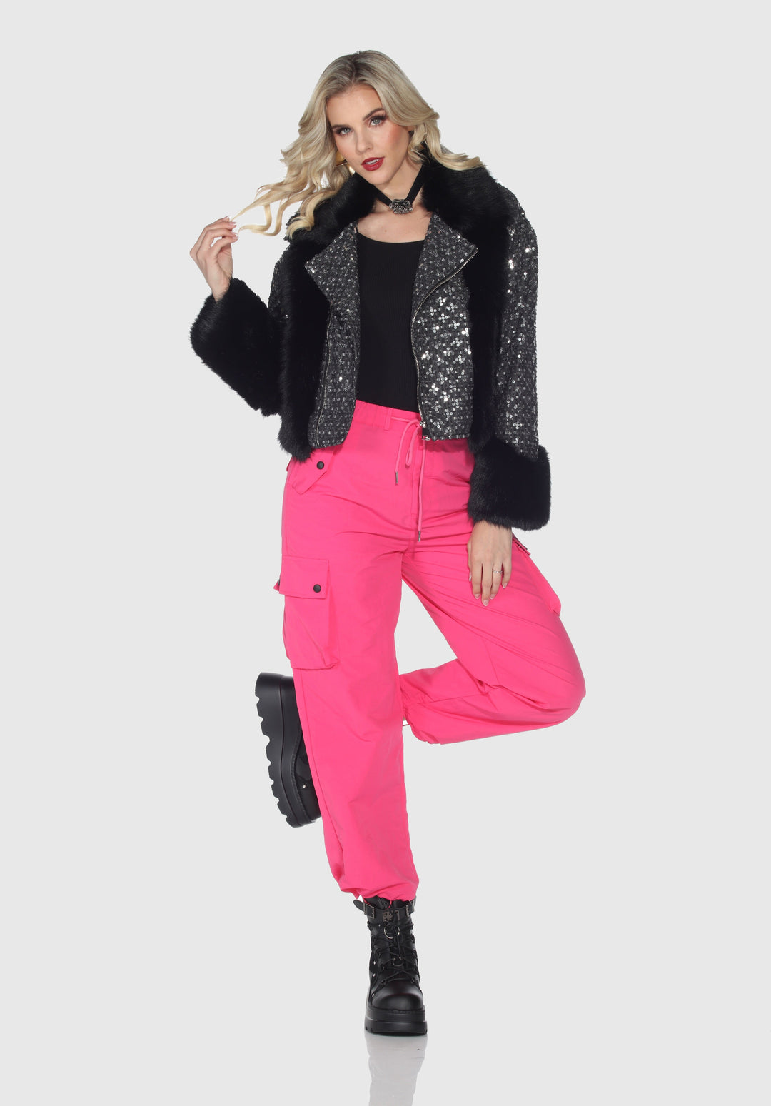 Sequin Faux Fur Moto Jacket