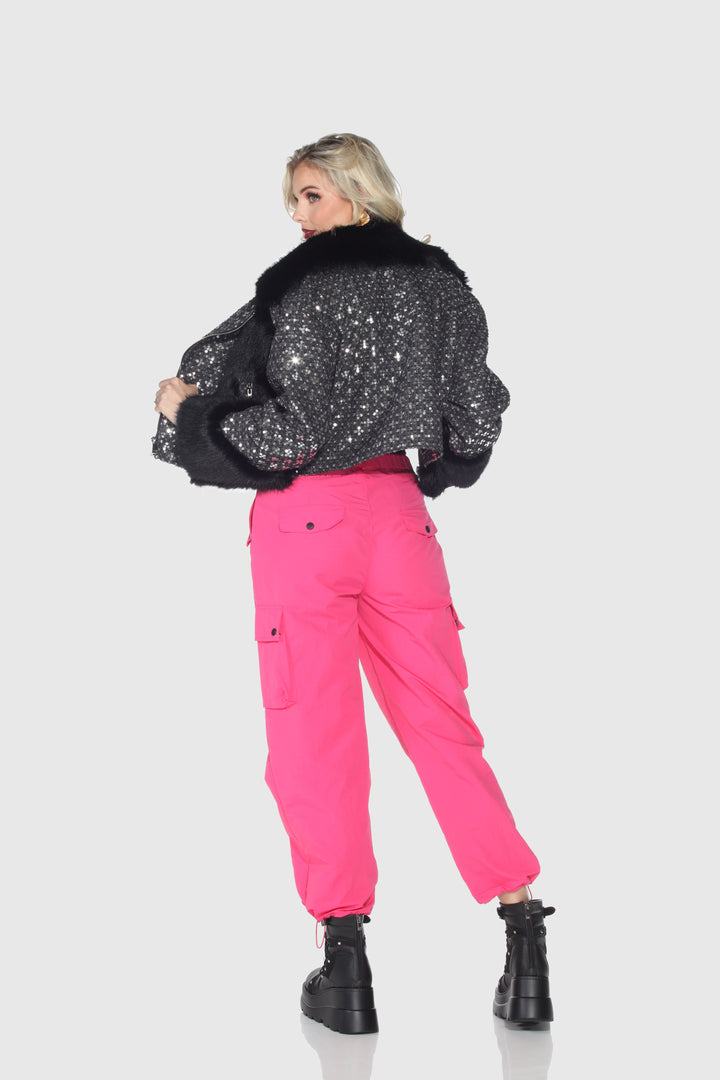Sequin Faux Fur Moto Jacket