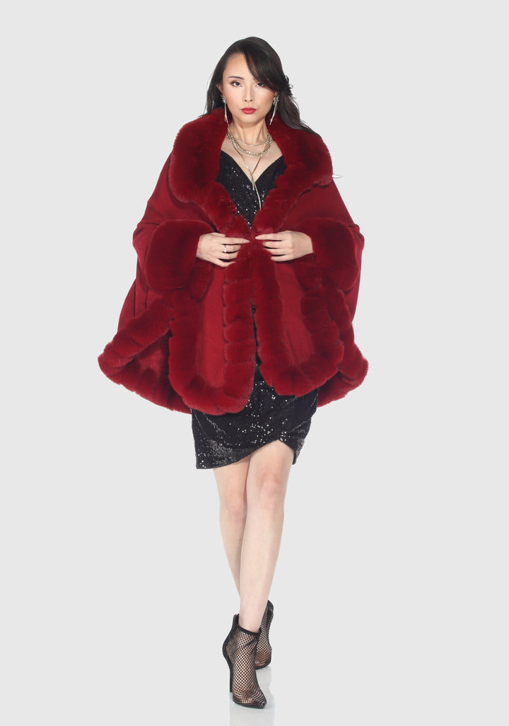 Faux Fur Trim Wool Poncho Cape