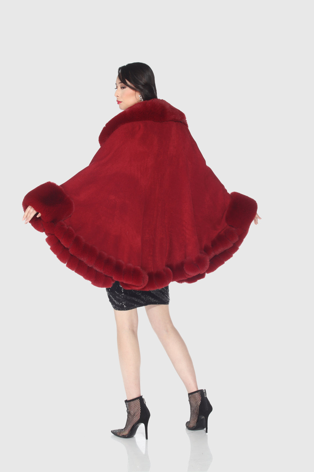 Faux Fur Trim Wool Poncho Cape
